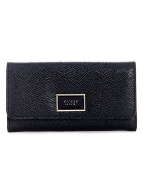 Guess Women Logo Saffiano Abre Black Textured Continental Slim Wallet